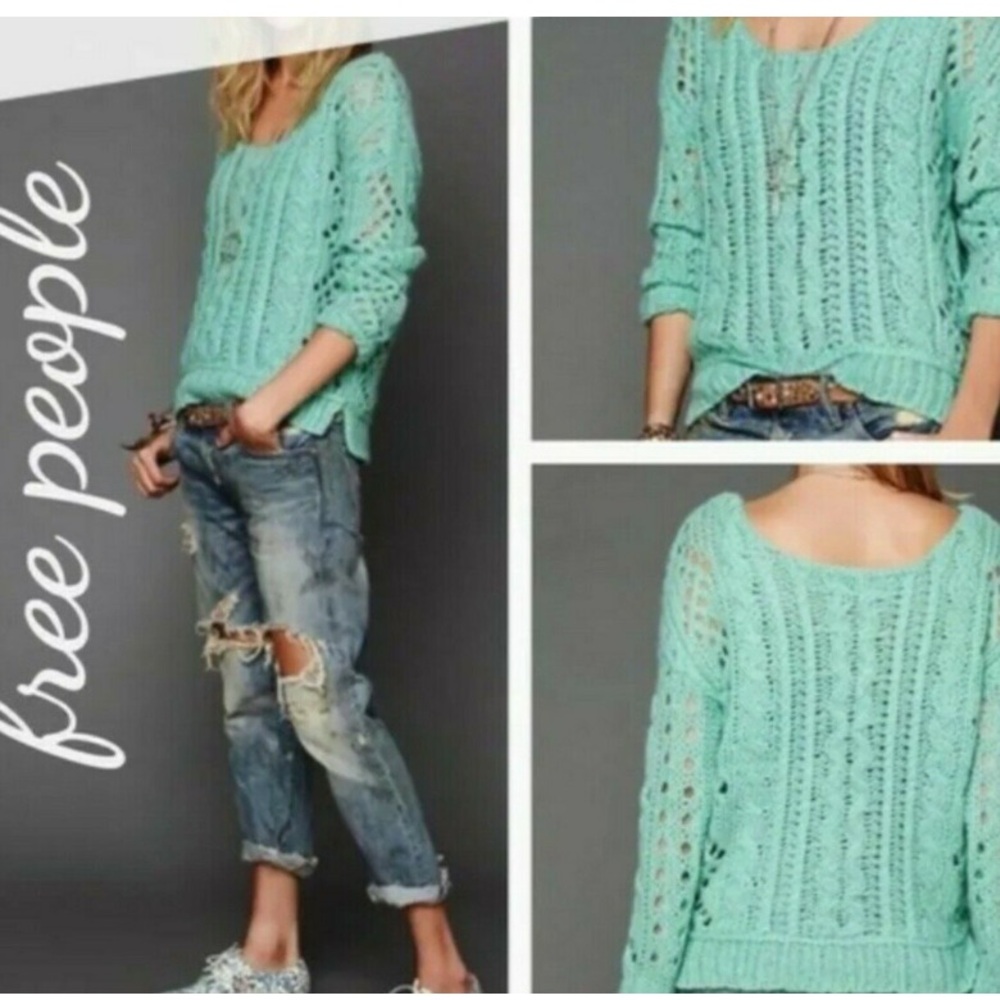 Free People open work sweater size S light knit mint green boho hippie